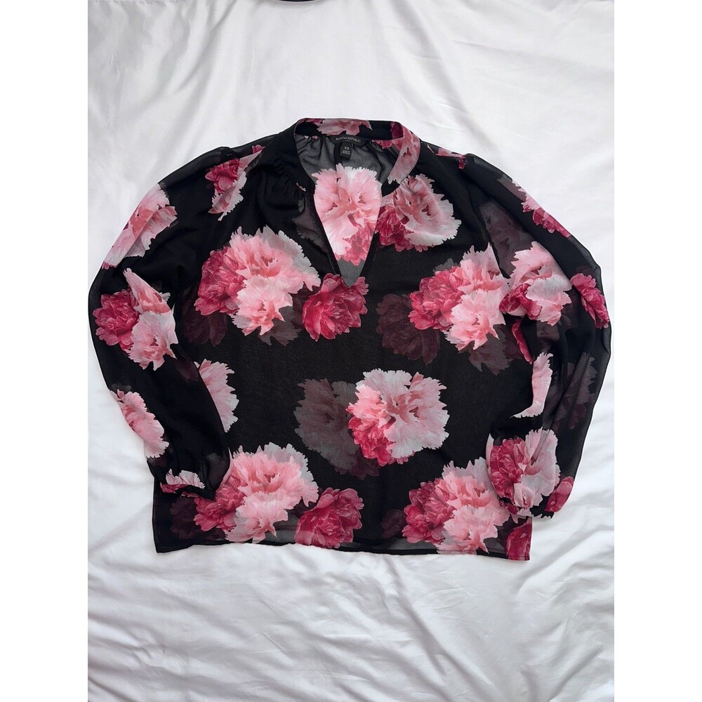 Banana Republic Blouse Womens Size XS Black Pink Floral Print Sheer Whimsigoth